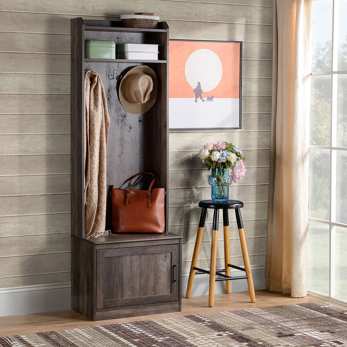 HOMCOM Vestiaire d’entrée rustique avec banc de rangement pour chaussures, banc d’entrée avec porte-manteau, porte-manteau décoratif avec étagères de rangement pour couloir ou entrée, blanc