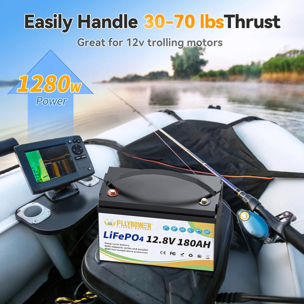 Batterie LiFePO4 12V 180Ah avec Chargeur,pour Moteur électrique Camping-car Marine Solaire Hors réseau Bateau,Batteries 15000+ Cycles profonds