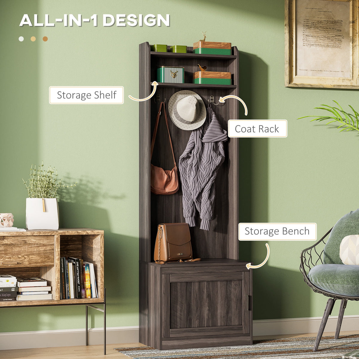 HOMCOM Vestiaire d’entrée rustique avec banc de rangement pour chaussures, banc d’entrée avec porte-manteau, porte-manteau décoratif avec étagères de rangement pour couloir ou entrée, blanc