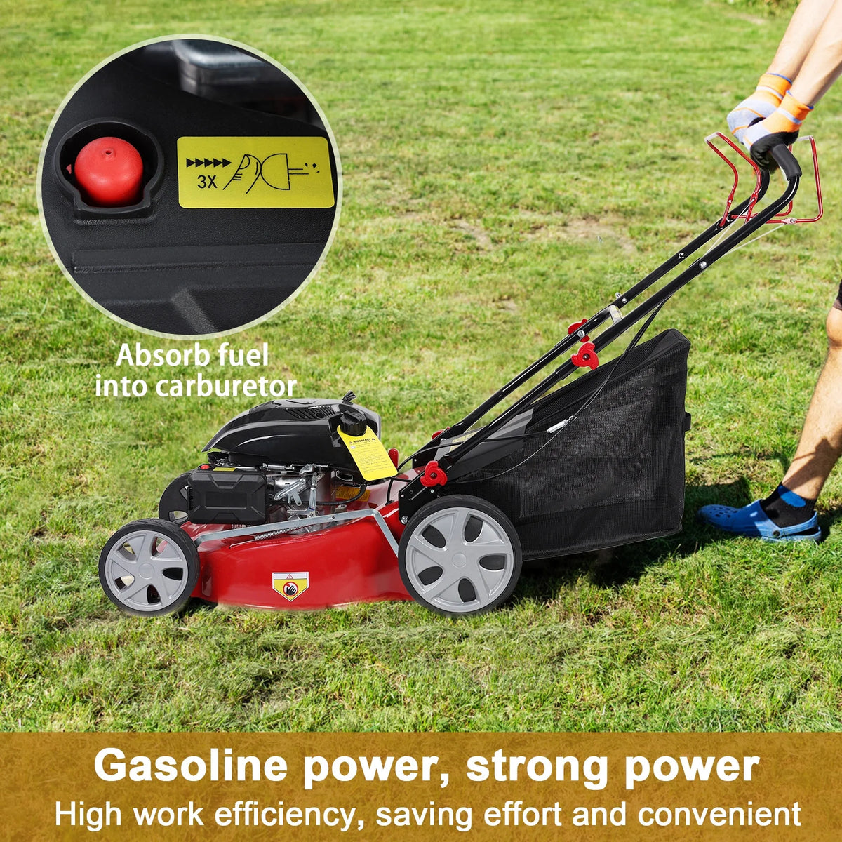 Tondeuse à gazon, Tondeuse à gazon autotractée, Tondeuse à gazon à moteur essence 141cc, Tondeuse à gazon à pousser avec bac à gazon 50L, Grandes roues