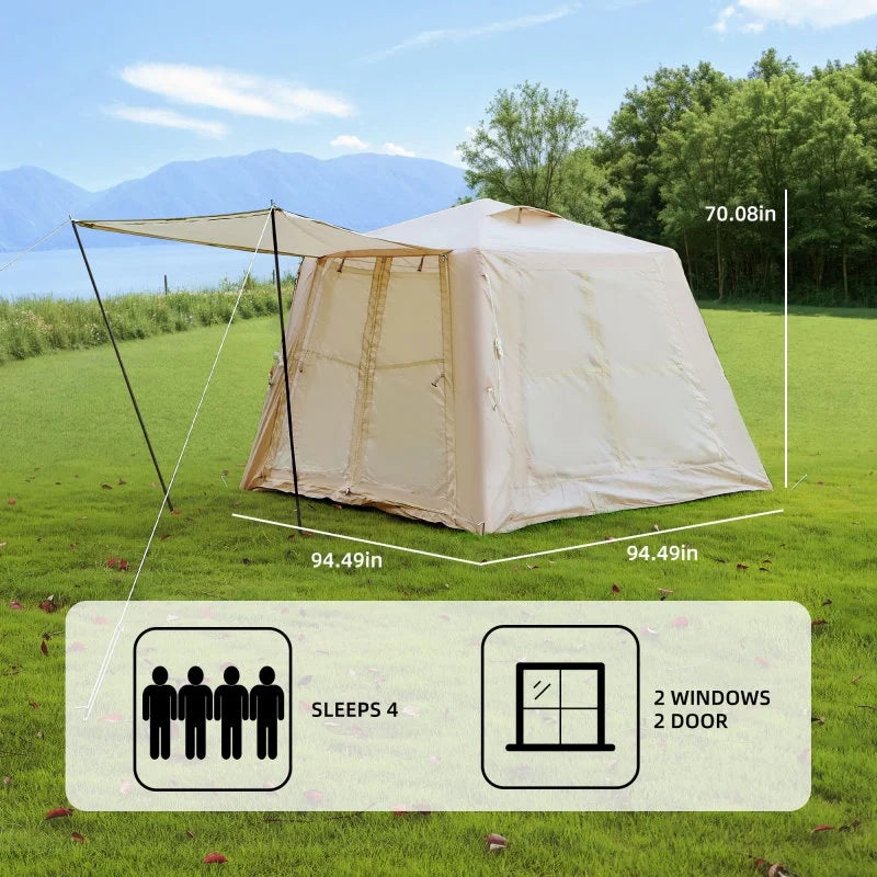Tente de camping gonflable beige 5,76 m (4 saisons : auvent + pompe à main, pour 2 à 3 personnes, en tissu Oxford imperméable, installation facile, tente de glamping)