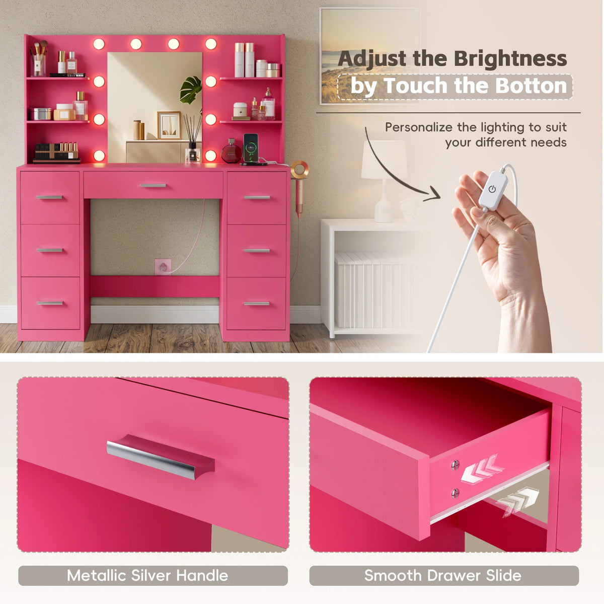 Coiffeuse Lacoo avec miroir et éclairage LED, coiffeuse de maquillage avec 7 tiroirs et 4 étagères, table de toilette avec prise électrique pour chambre ou dressing, blanc