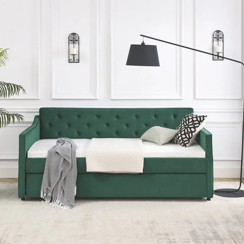 Lit de repos 1 place avec lit gigogne, cadre de lit moderne capitonné à boutons et rembourré en lin, avec lit gigogne coulissant, meuble de chambre à coucher, salon ou chambre d’amis, vert