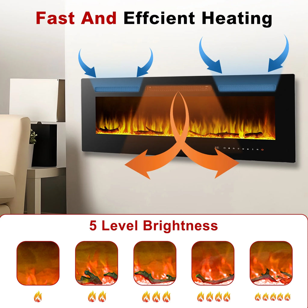 Cheminée électrique 60, cheminée encastrable ultra-fine et murale, cheminée linéaire avec minuterie, télécommande, couleur de flamme réglable, 750 w/1 500 w, noire