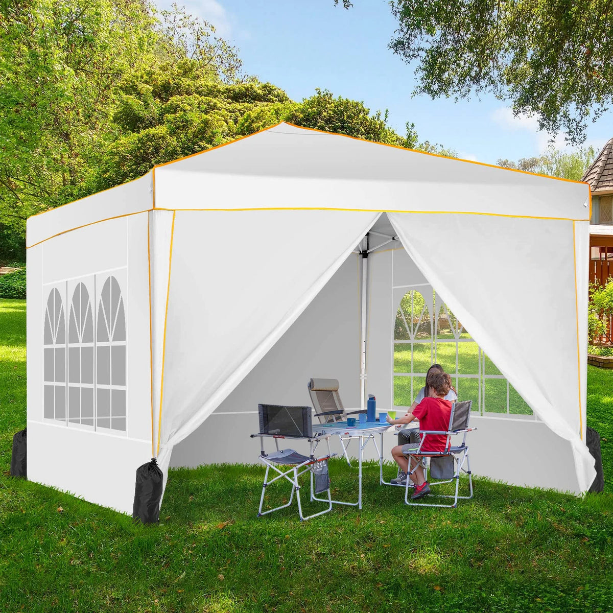 HOTEEL Chapiteau pop-up 10x10 avec murs latéraux, Tente imperméable pour fêtes et événements de mariage, Gazébo d'extérieur instantané avec sac de transport, piquets, cordes et sacs de sable, Noir