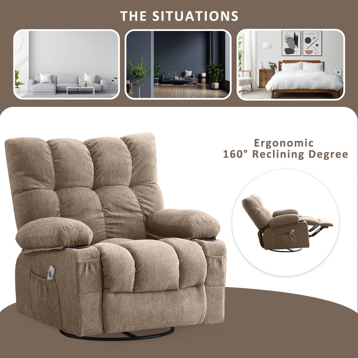 Fauteuil inclinable manuel JONPONY avec fonction de massage et de chauffage, mécanisme d’inclinaison robuste, fauteuil à bascule individuel pour personnes âgées avec porte-gobelets, pour chambre et salle de cinéma maison, gris