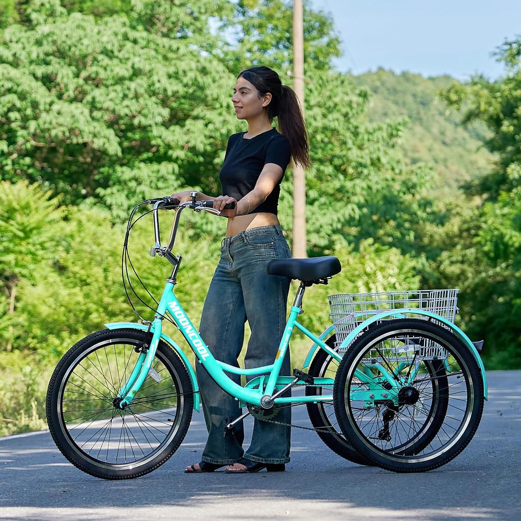 Tricycles pour adultes MOONCOOL avec panier arrière et pompe à pied, vélos à 3 roues 7 vitesses de 24 et 26 pouces, vélo à trois roues pour adultes avec dossier pour seniors, femmes et hommes