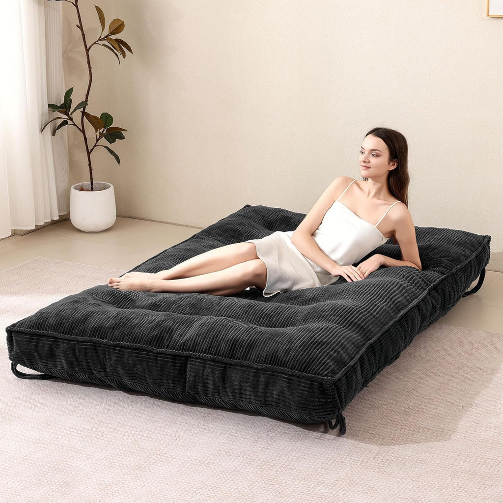 Matelas Futon 8 Pouces Taille Double, Canapé-Lit Futon Extra Épais Matelas Japonais Amélioré Matelas Futon au Sol pour Adultes Matelas Futon Japonais Pliable 8, Noir (Cadre Non Inclus)