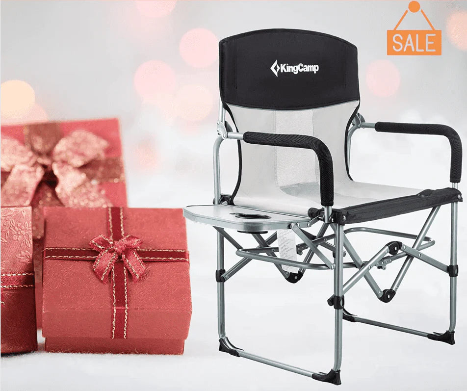 Lot de 2 chaises de camping KingCamp, soldes, pliantes et robustes, en maille, avec accoudoirs munis de poignées et tables latérales, pour adultes, noires