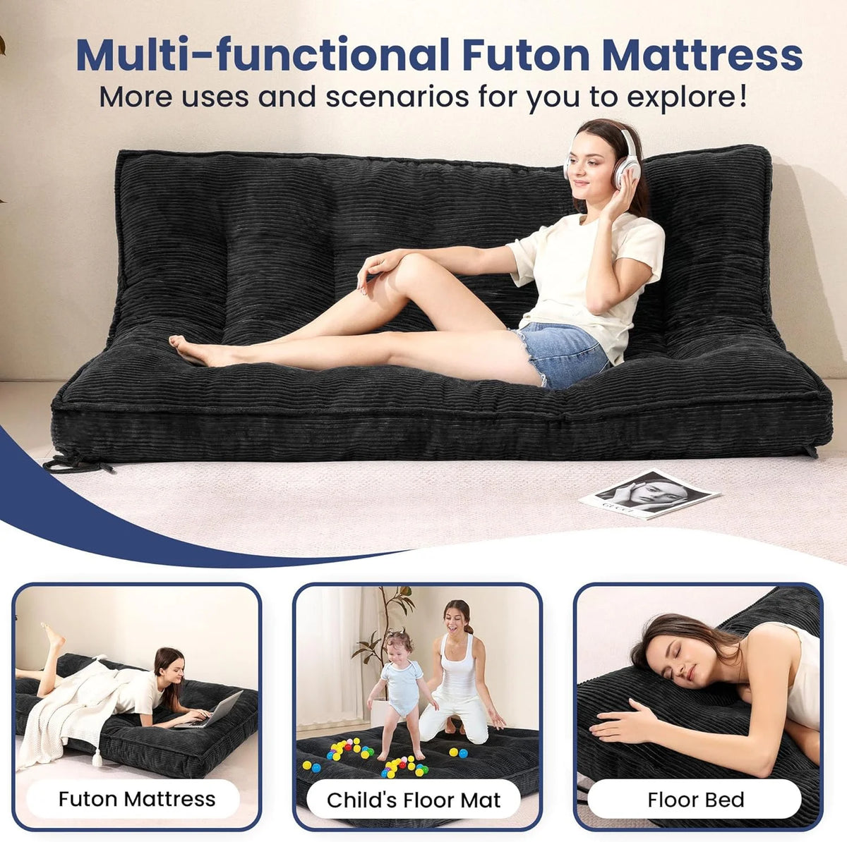 Matelas Futon 8 Pouces Taille Double, Canapé-Lit Futon Extra Épais Matelas Japonais Amélioré Matelas Futon au Sol pour Adultes Matelas Futon Japonais Pliable 8, Noir (Cadre Non Inclus)