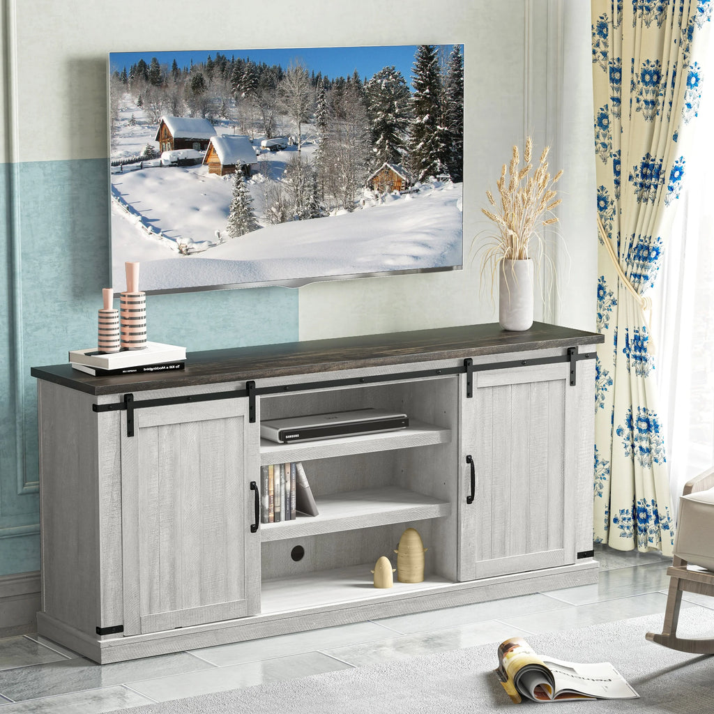 Meuble TV rustique FESTIVO pour téléviseur 75 pouces, centre de divertissement, meuble TV avec porte de grange coulissante, console TV de 68 pouces, meuble multimédia de salon avec étagère réglable - Blanc cassé