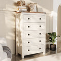 Commode Keywhat Farmhouse à 5 tiroirs pour chambre, meuble de rangement en bois pour salon, blanc antique