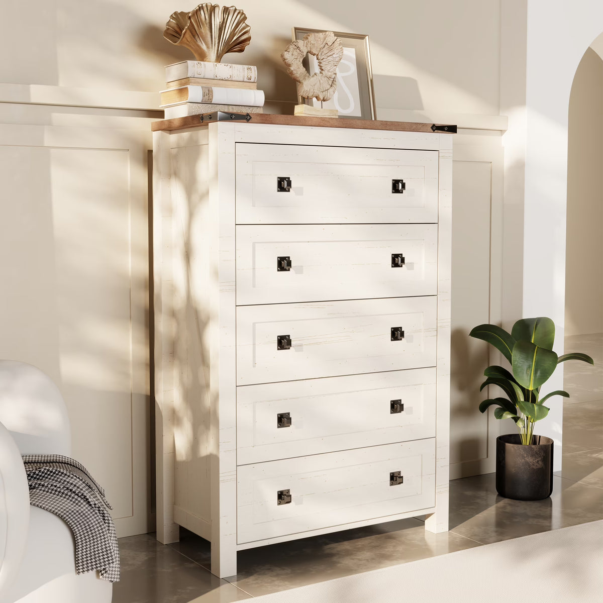 Commode Keywhat Farmhouse à 5 tiroirs pour chambre, meuble de rangement en bois pour salon, blanc antique