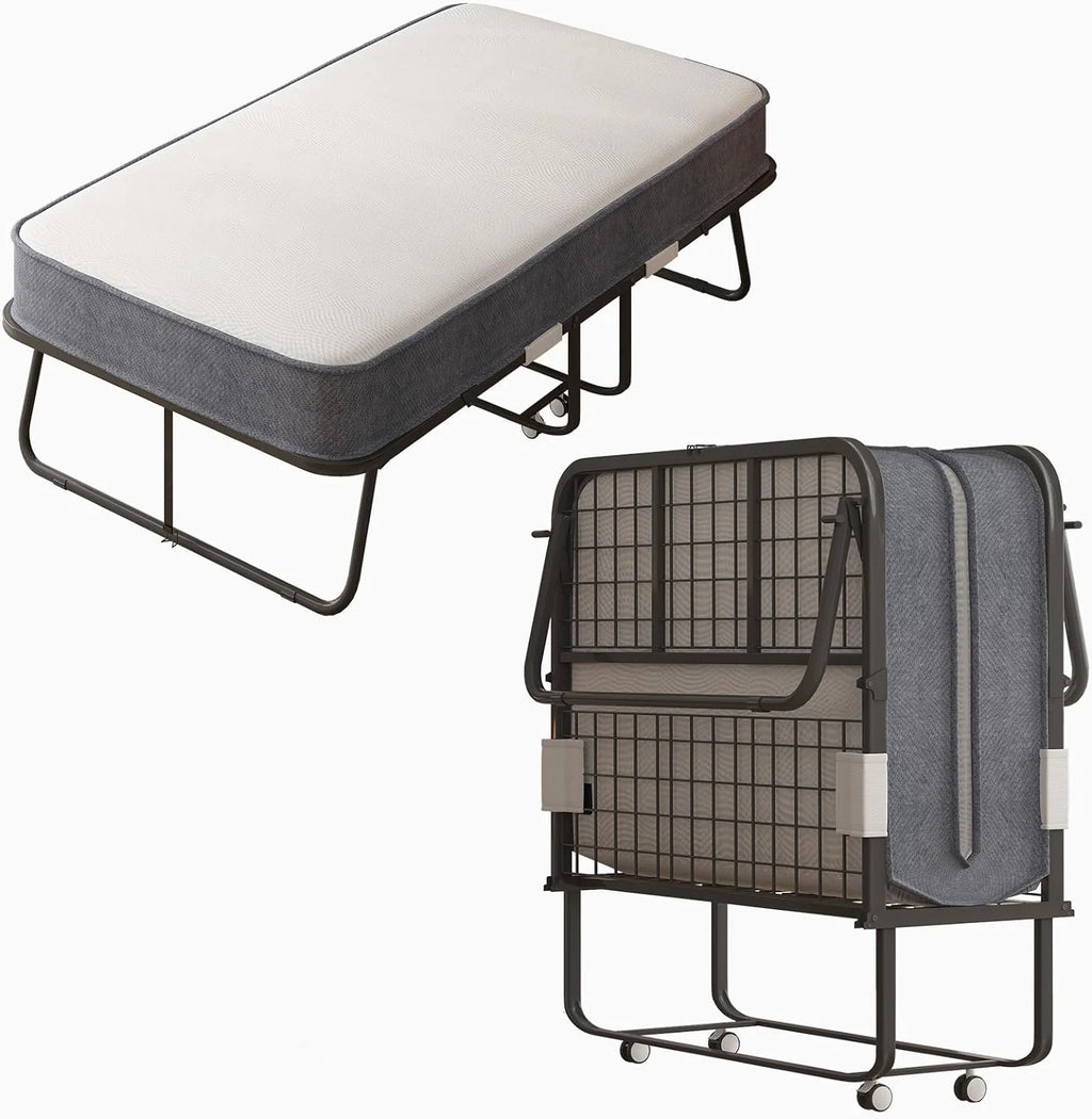 Lit pliant Puremind avec matelas en mousse de 10 cm, lit d’appoint 190 x 80 cm pour adultes, lit portable avec roulettes verrouillables, montage et déplacement faciles, standard