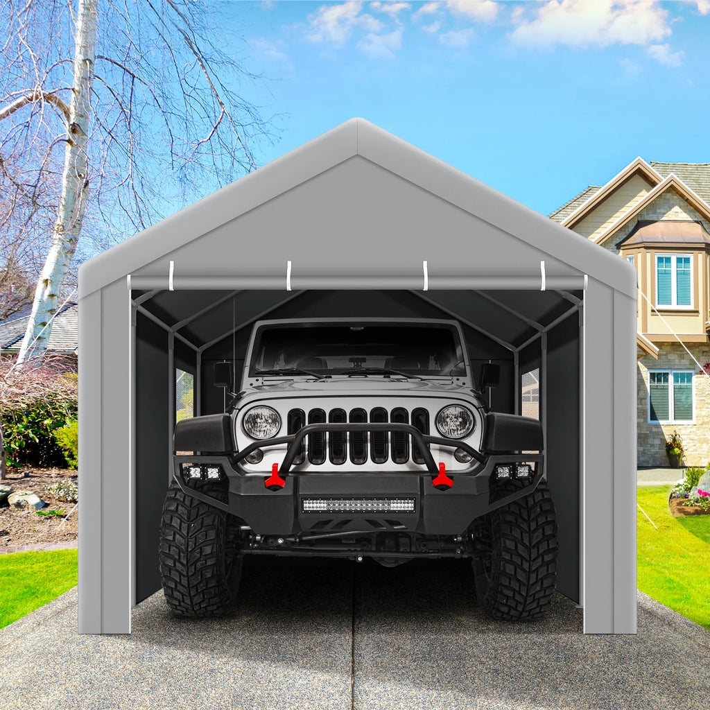 COBIZI Carport 10'x20' Grande tente pour voiture robuste avec structure en acier thermolaqué, garage portable avec parois latérales et portes amovibles, auvent pour voiture avec bâche toutes saisons pour fête en plein air, anniversaire, gris
