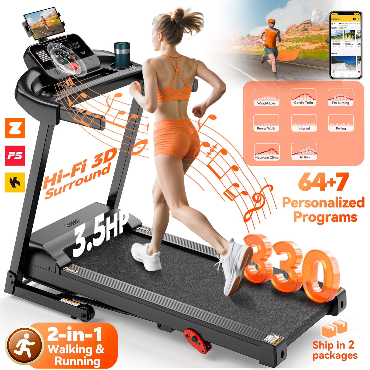 Tapis de course pliable avec inclinaison, tapis de course 3,5 CV pour la maison avec capacité de 330 lb, 71 programmes