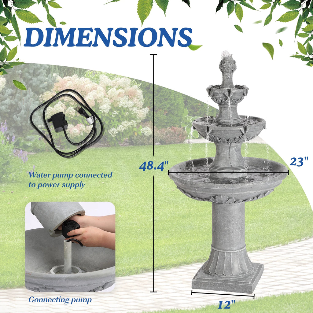 MAGIC UNION Fontaine d’eau de jardin d’extérieur, fontaines et cascades italiennes de 48,4 po de haut, grande fontaine d’intérieur à trois niveaux avec cascade et bulleur, avec pompe, pour la décoration de la maison et de la cour