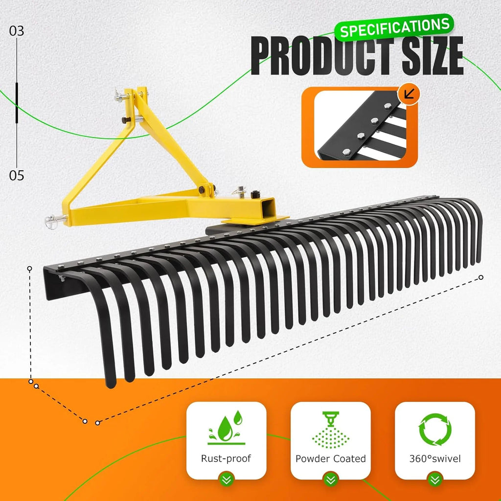 KOJEM Râteau paysage 60 po Râteau à 3 points Rotation à 360 degrés Compatible avec les tracteurs compacts Catégorie 1 Cat1 Outil de jardin remorqué pour jardin ferme Défrichage Râtelage de broussailles Arènes Lot de 2 Jaune