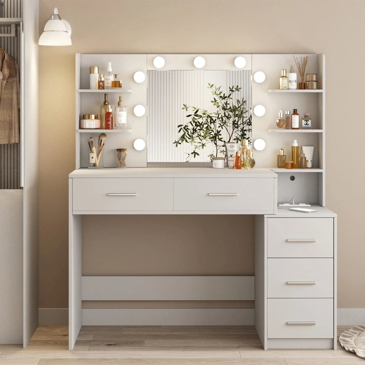 Coiffeuse de maquillage avec miroir et éclairage, 3 couleurs de lumière, table de toilette pour chambre avec station de charge, coiffeuse blanche avec 5 tiroirs de rangement et étagères ouvertes