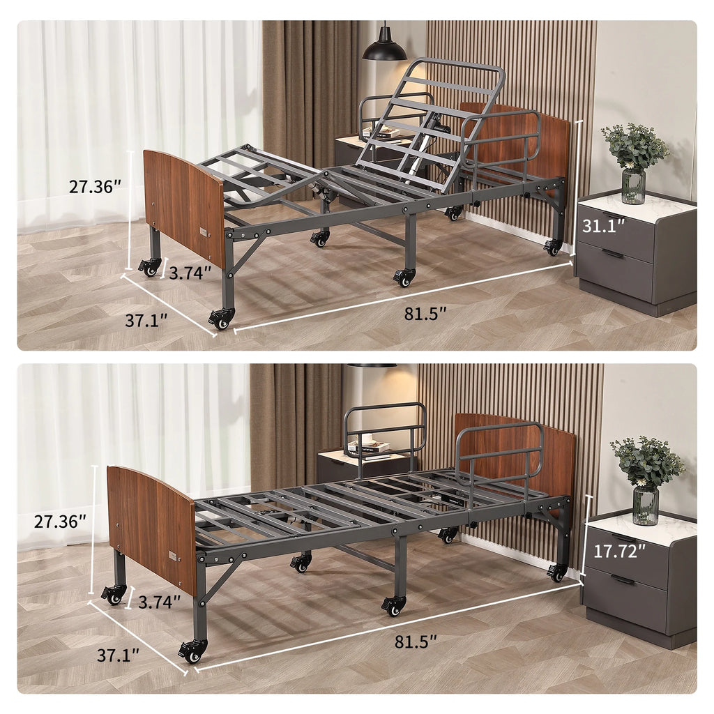 Lit d'hôpital ESHINE avec matelas imperméable 6 - Télécommande sans fil, tête de lit, roulettes de 2,5 pouces, inclinaison tête et pieds