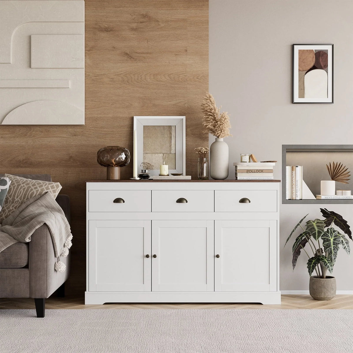Homfa Buffet avec 3 Tiroirs & 3 Portes, Meuble Buffet de 135,9 cm de Large pour Salle à Manger, Blanc