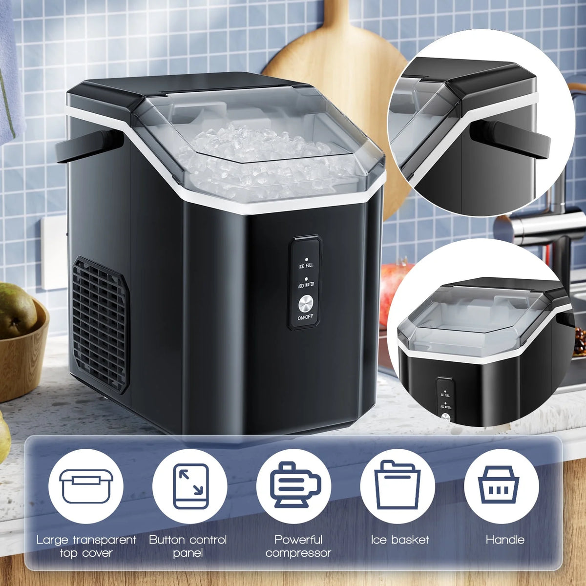 Machine à glaçons Auseo SS Nugget de comptoir avec glaçons tendres à mâcher, 35 lbs/24 h, autonettoyante, pelle à glaçons, acier inoxydable argenté, pour cuisine/bureau/fête