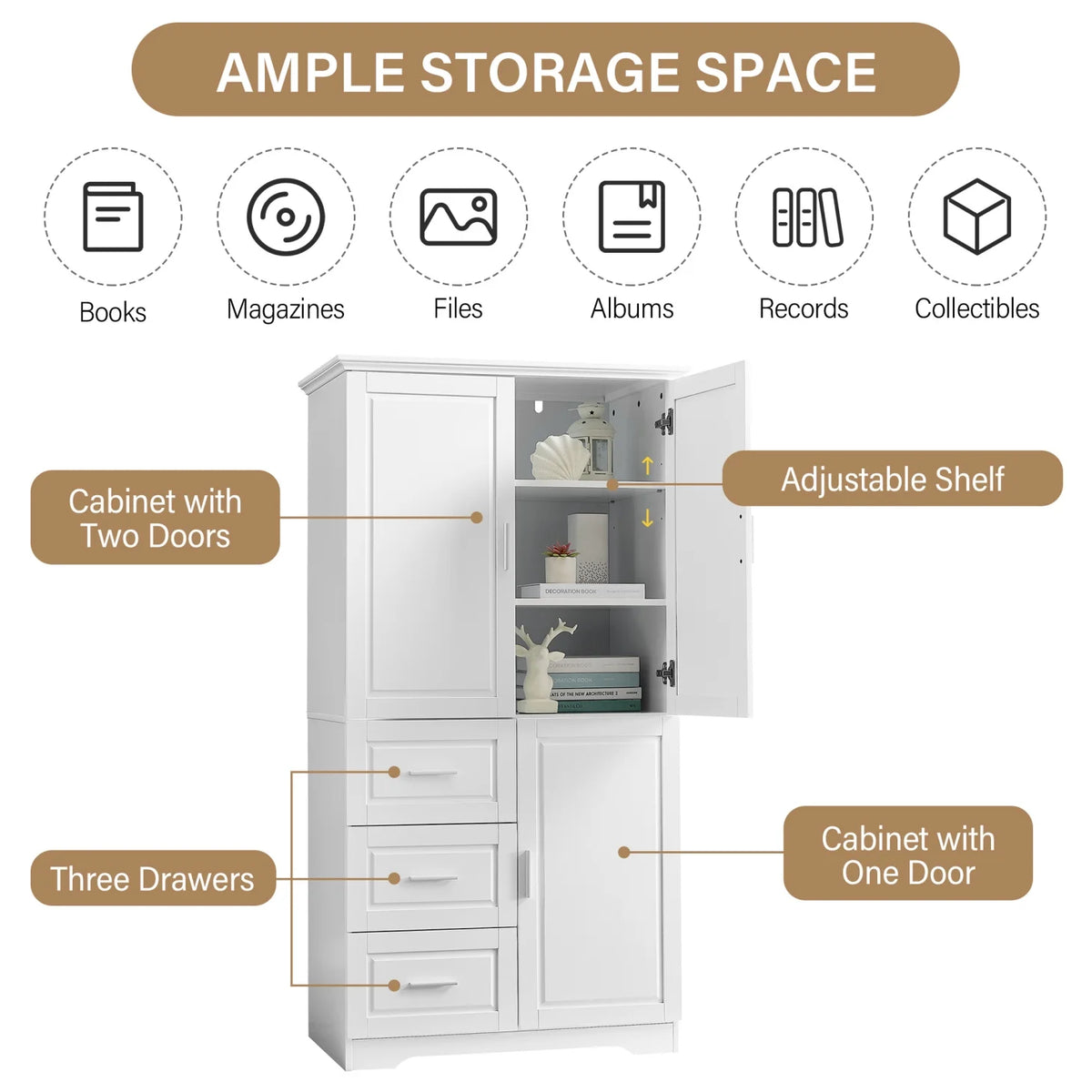 Armoire de salle de bain, meuble de rangement de 62,2 de haut avec portes et étagères, armoire à linge sur pied pour salle de bain, cuisine, salon, grise