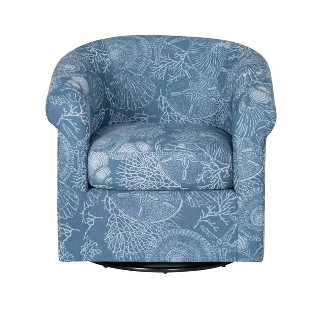 Fauteuil club pivotant entièrement rembourré Linon Rhea, motif coquillages bleus, style côtier