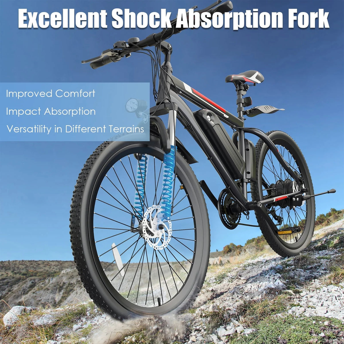 Vélo électrique Elifine 500W pour adultes, vélo électrique tout-terrain 26 avec 5 modes de conduite, batterie 48V 7,8Ah, Shimano 21 vitesses & 19,8 mph vélo électrique urbain en alliage d'aluminium jusqu'à 50 miles