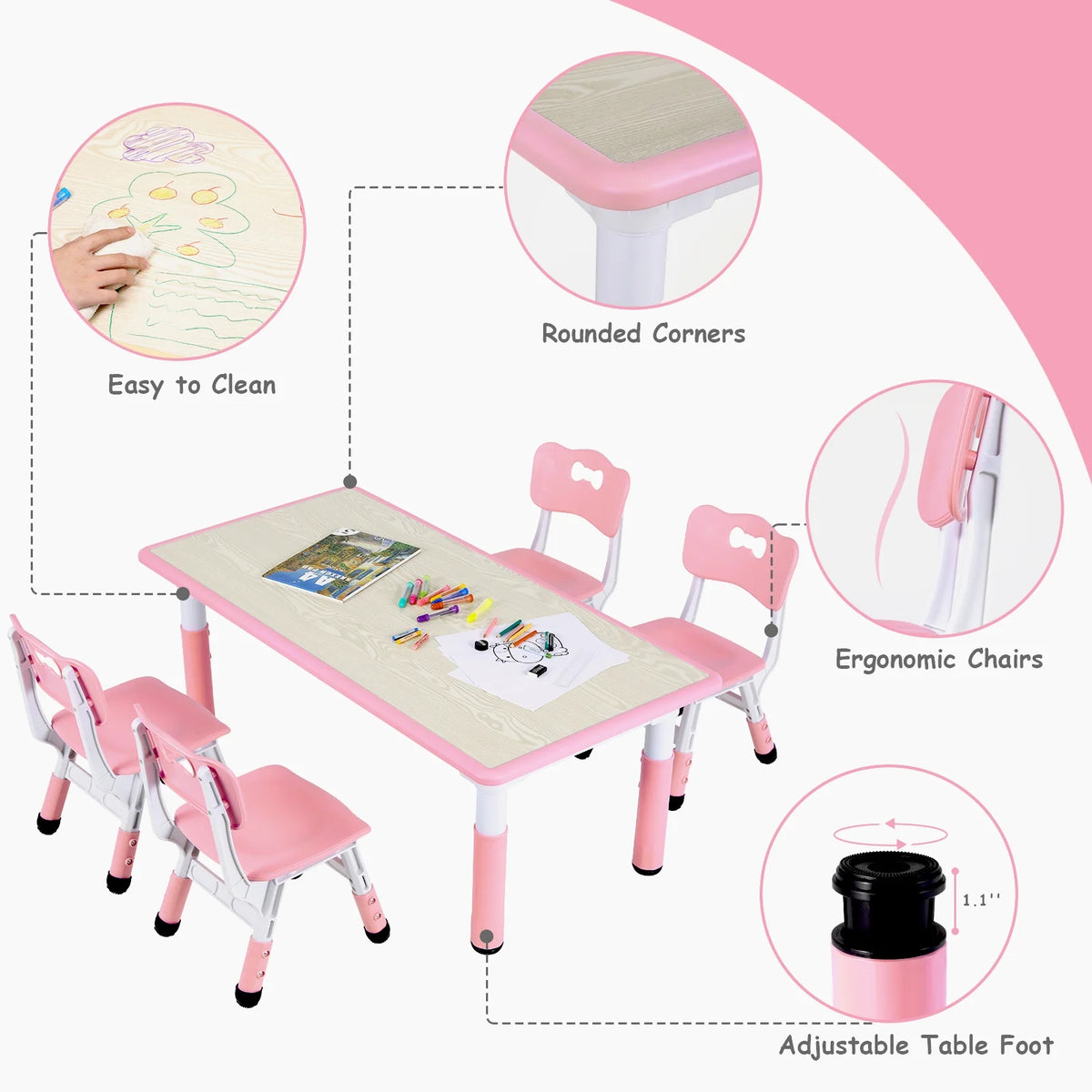 Ensemble table et 4 chaises pour enfants LAZY BUDDY, bureau réglable en hauteur pour tout-petits avec plateau graffiti, ensemble de table d’activités pour enfants pour crèche et maison