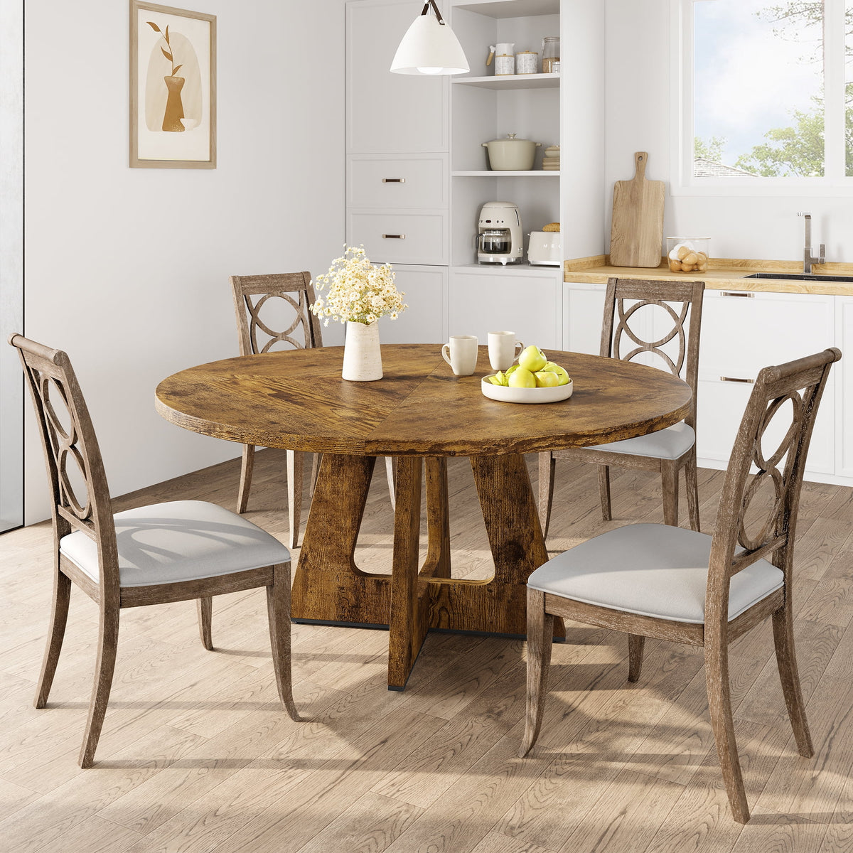 Ensemble de grande table à manger ronde de 47 po pour 4 à 6 personnes, table à manger en bois de style milieu du siècle avec plateau large et piètement en X, table de salle à manger pour la maison, la salle à manger ou le salon (chaises non incluses)