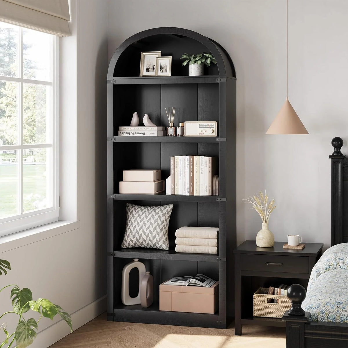 Bibliothèque à 5 étagères avec arche, 182 cm de haut, meuble de rangement et d’exposition de style rustique en bois pour bureau, salon ou maison (blanc)