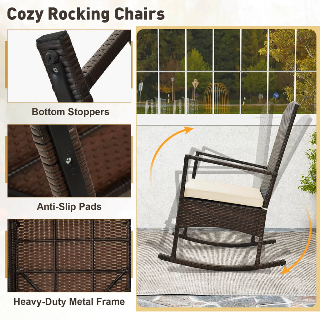 Costway Serenity Ensemble de patio 3 pièces avec fauteuils à bascule en résine tressée, coussins blancs et table basse à 2 niveaux
