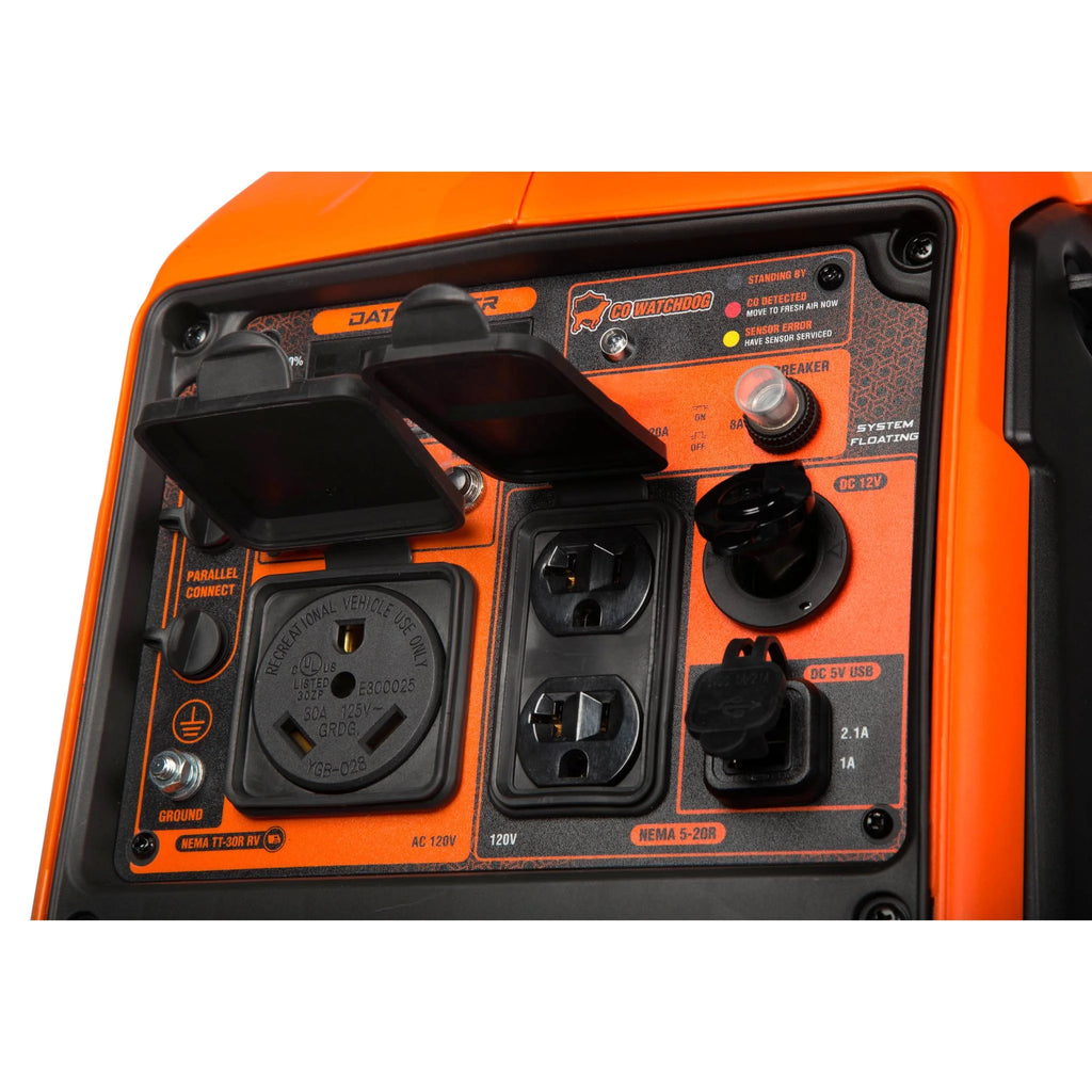 Génératrice portable silencieuse et légère de 3 600 watts, biénergie et prête pour VR, avec inverseur, dispositif d’arrêt du carburant et système de surveillance du CO