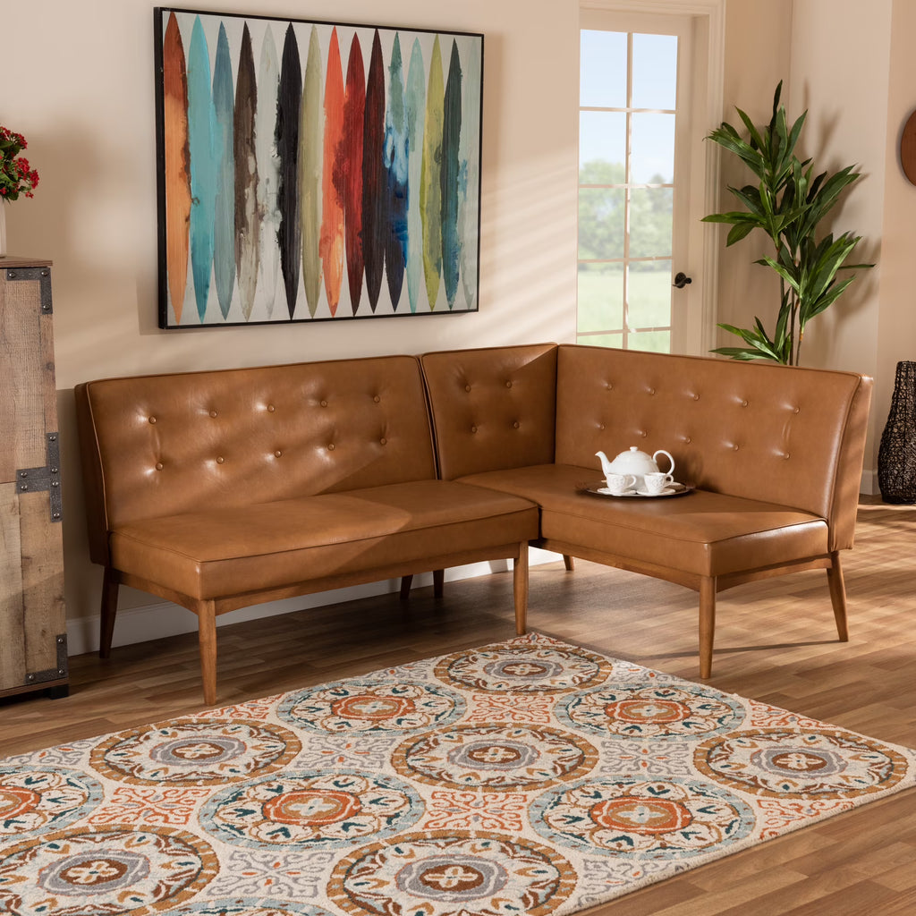 Baxton Studio Arvid Canapé d'angle de salle à manger 2 pièces avec banc, style moderne du milieu du siècle, rembourré en similicuir beige et bois avec finition brun noyer