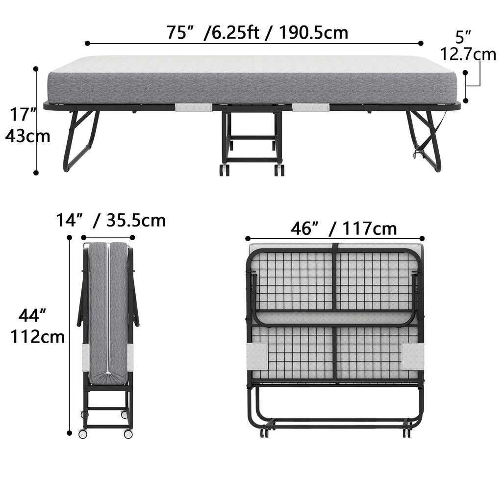 Lit pliant avec matelas 75 x 31 format lit de camp Lit plié, lit d'appoint sur roulettes portable et pliable lit supplémentaire pour adultes lit de repos avec matelas en mousse à mémoire de forme 5 cadre en grille métallique robuste peu encombrant