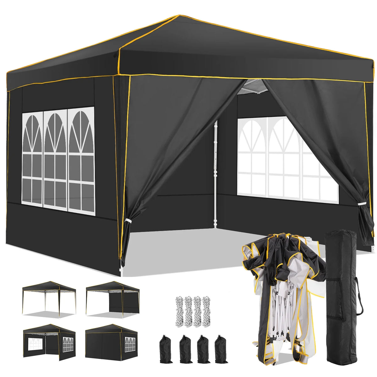 HOTEEL Chapiteau pop-up 10x10 avec murs latéraux, Tente imperméable pour fêtes et événements de mariage, Gazébo d'extérieur instantané avec sac de transport, piquets, cordes et sacs de sable, Noir