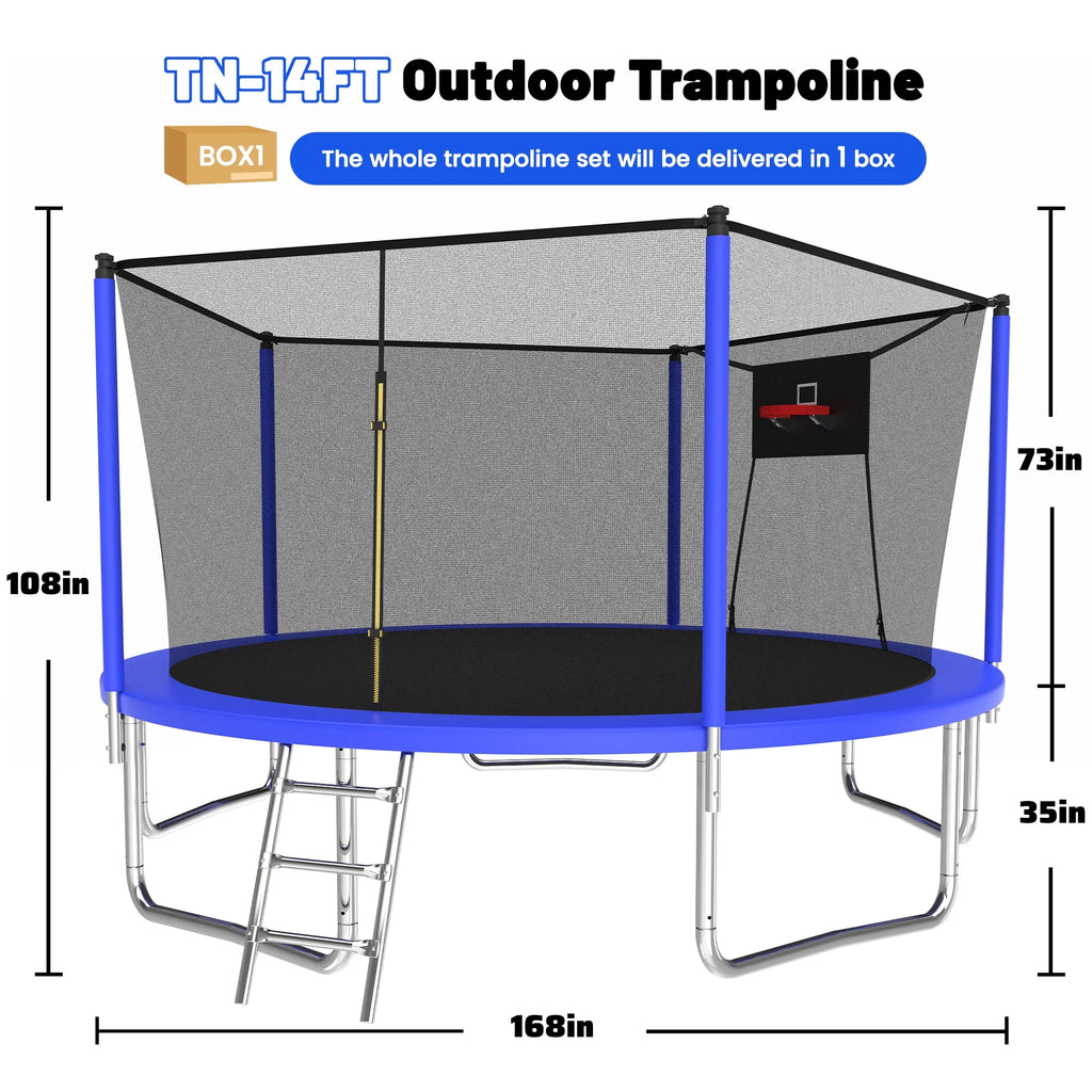 Trampoline de 14 pieds avec panier de basket, trampoline d'extérieur avec filet de protection, bleu