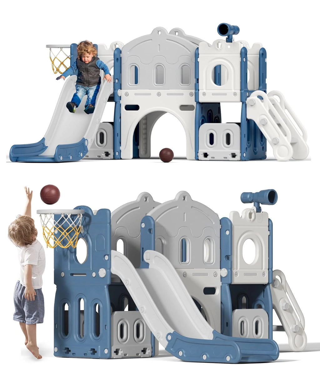KORIMEFA Ensemble toboggan 8 en 1 pour enfants avec structure d’escalade, toboggan d’escalade pour tout-petits avec panier de basket, tunnel, aire de jeux extérieure et intérieure pour tout-petits, toboggan d’escalade, dès 1 an
