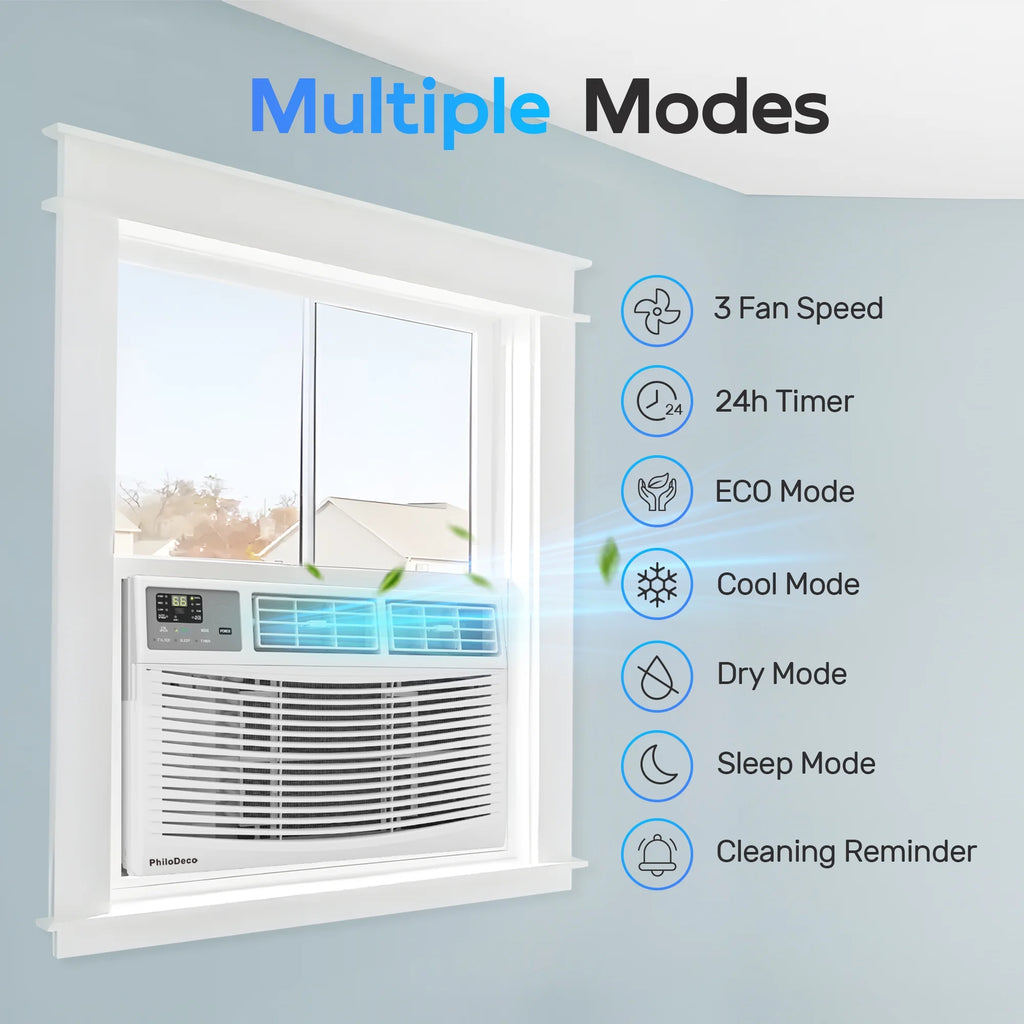 Climatiseur de fenêtre 8000 BTU  350 pi² Intelligent, Écran d’affichage LED, avec télécommande, le climatiseur peut servir de déshumidificateur/ventilateur, fonctionnement silencieux, économe en énergie. Minuterie/Mode sommeil et ÉCO