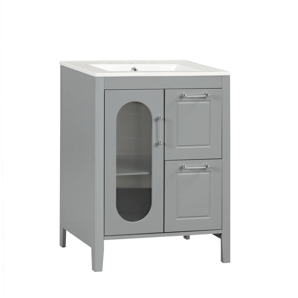 Meuble-lavabo Soges 24 avec vasque en céramique, meuble de toilette en bois massif avec porte, étagère réglable et 2 tiroirs, ensemble lavabo simple autoportant pour petite salle de bains, blanc