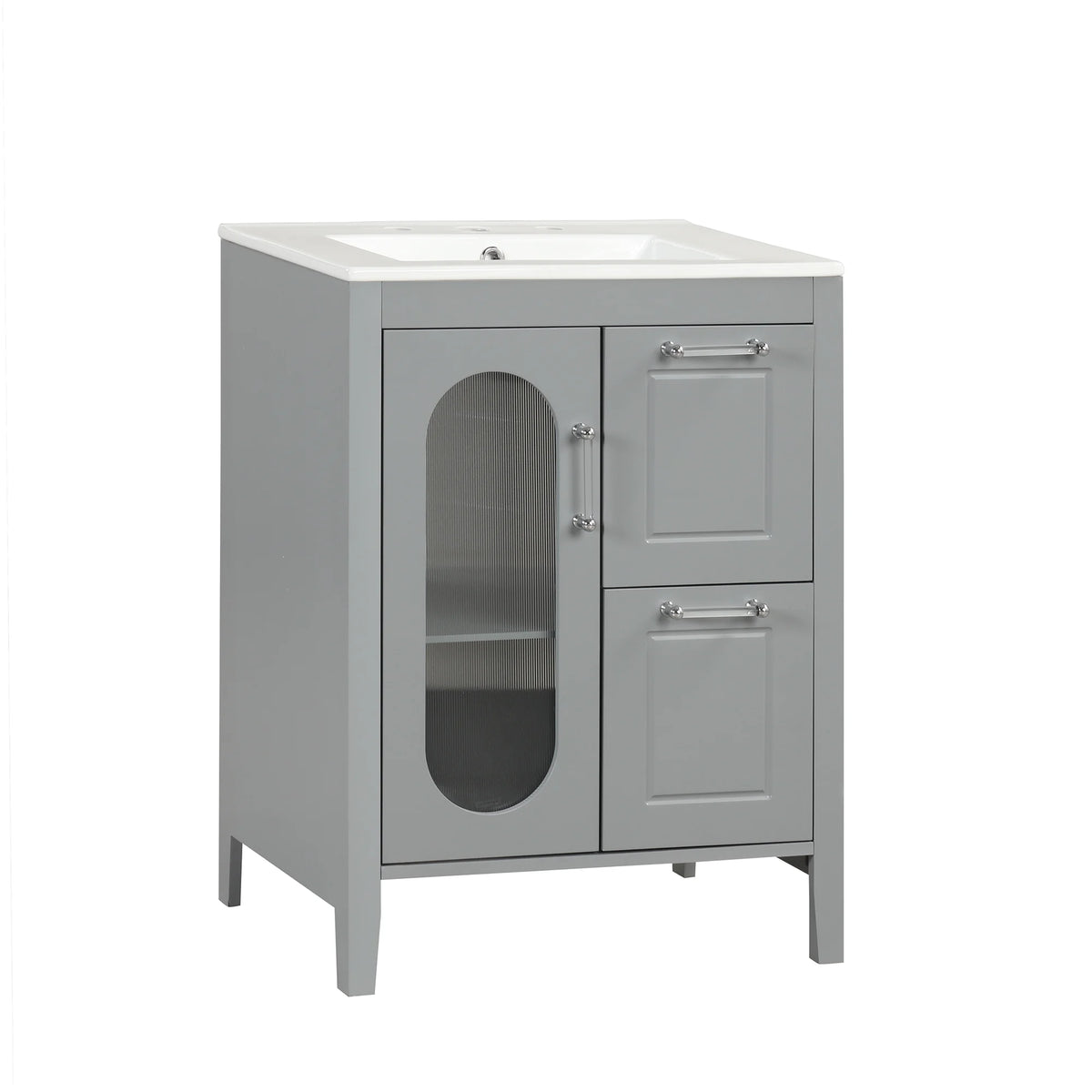 Meuble-lavabo Soges 24 avec vasque en céramique, meuble de toilette en bois massif avec porte, étagère réglable et 2 tiroirs, ensemble lavabo simple autoportant pour petite salle de bains, blanc