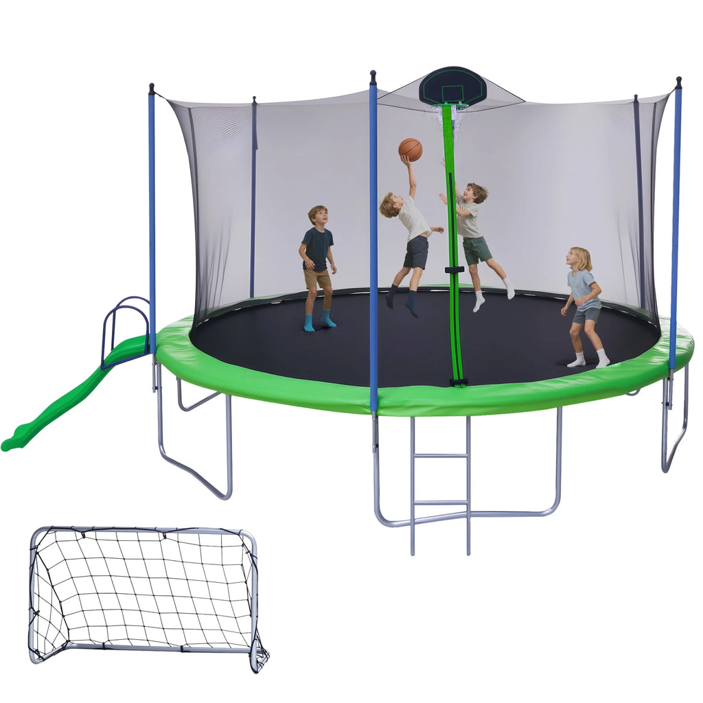 Trampoline de 12 pieds avec toboggan, balançoires, trampoline récréatif SEGMART avec panier de basket et échelle, trampoline d’extérieur robuste pour jardin avec filet pour enfants et adultes, vert