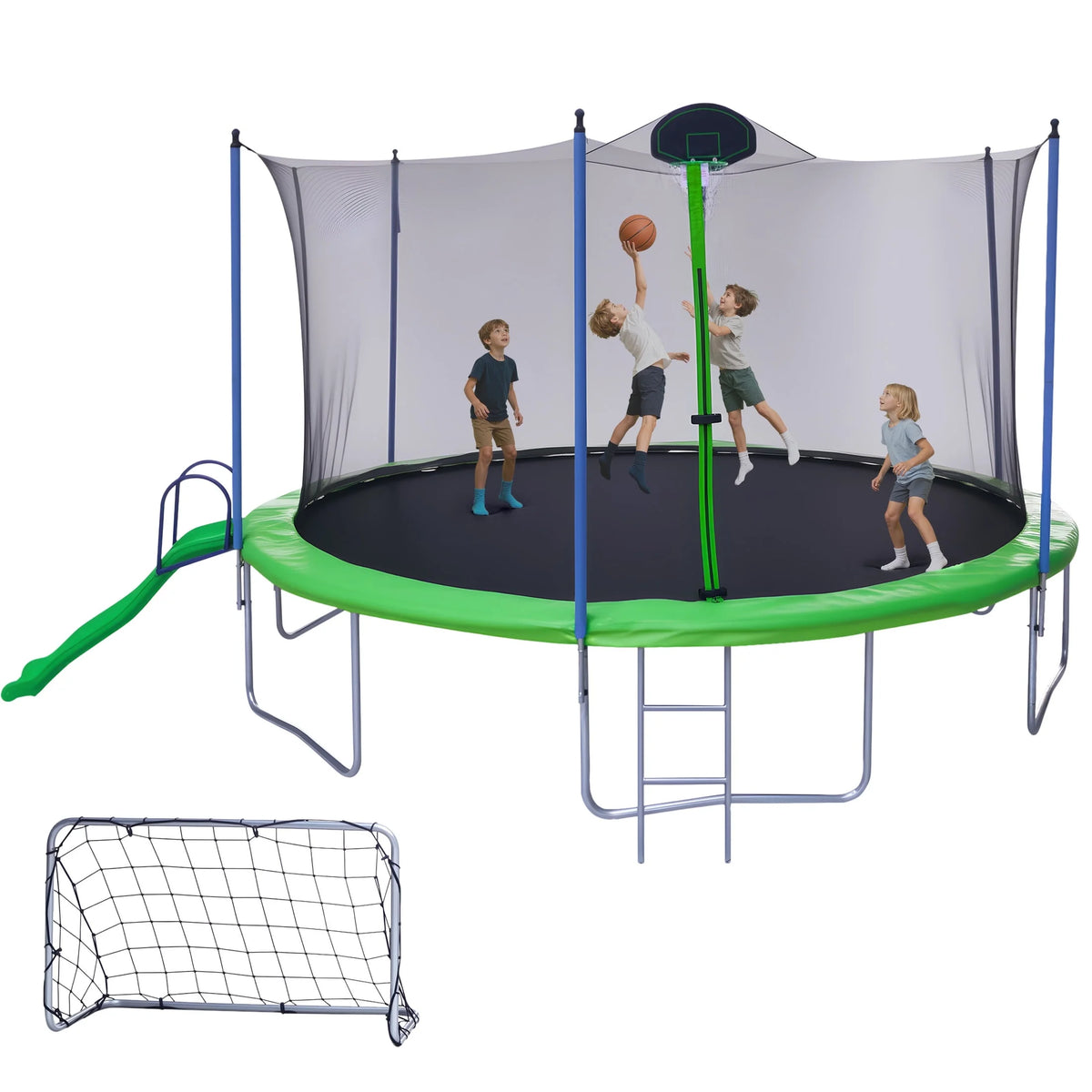 Trampoline de 12 pieds avec toboggan, balançoires, trampoline récréatif SEGMART avec panier de basket et échelle, trampoline d’extérieur robuste pour jardin avec filet pour enfants et adultes, vert