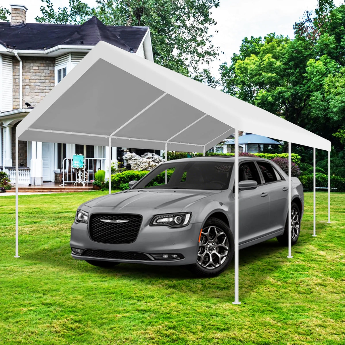 COBIZI Carport 10'x20' Grande tente pour voiture robuste avec structure en acier thermolaqué, garage portable avec parois latérales et portes amovibles, auvent pour voiture avec bâche toutes saisons pour fête en plein air, anniversaire, gris