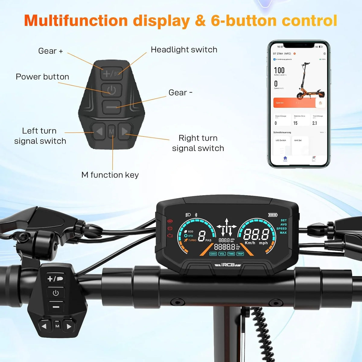 Trottinette électrique pour adultes, autonomie max. 70 miles, moteur 1000 W, batterie 48 V 27 Ah, 4 pneus anti-crevaison, double amortisseur, commande par application et NFC - RCB D7PRO