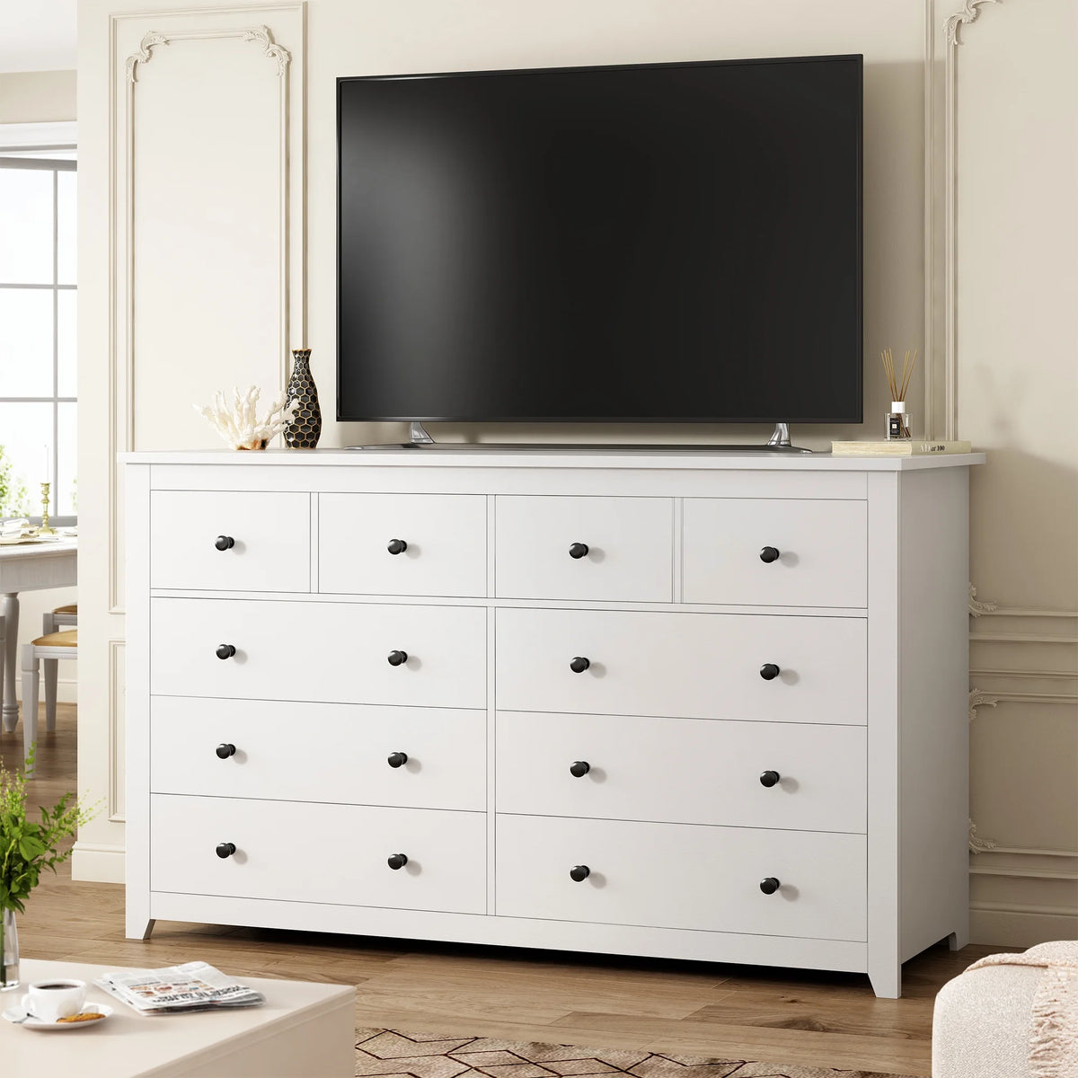 EnHomee Commode blanche pour chambre avec 10 tiroirs, commode moderne en bois, large chiffonnier pour adultes