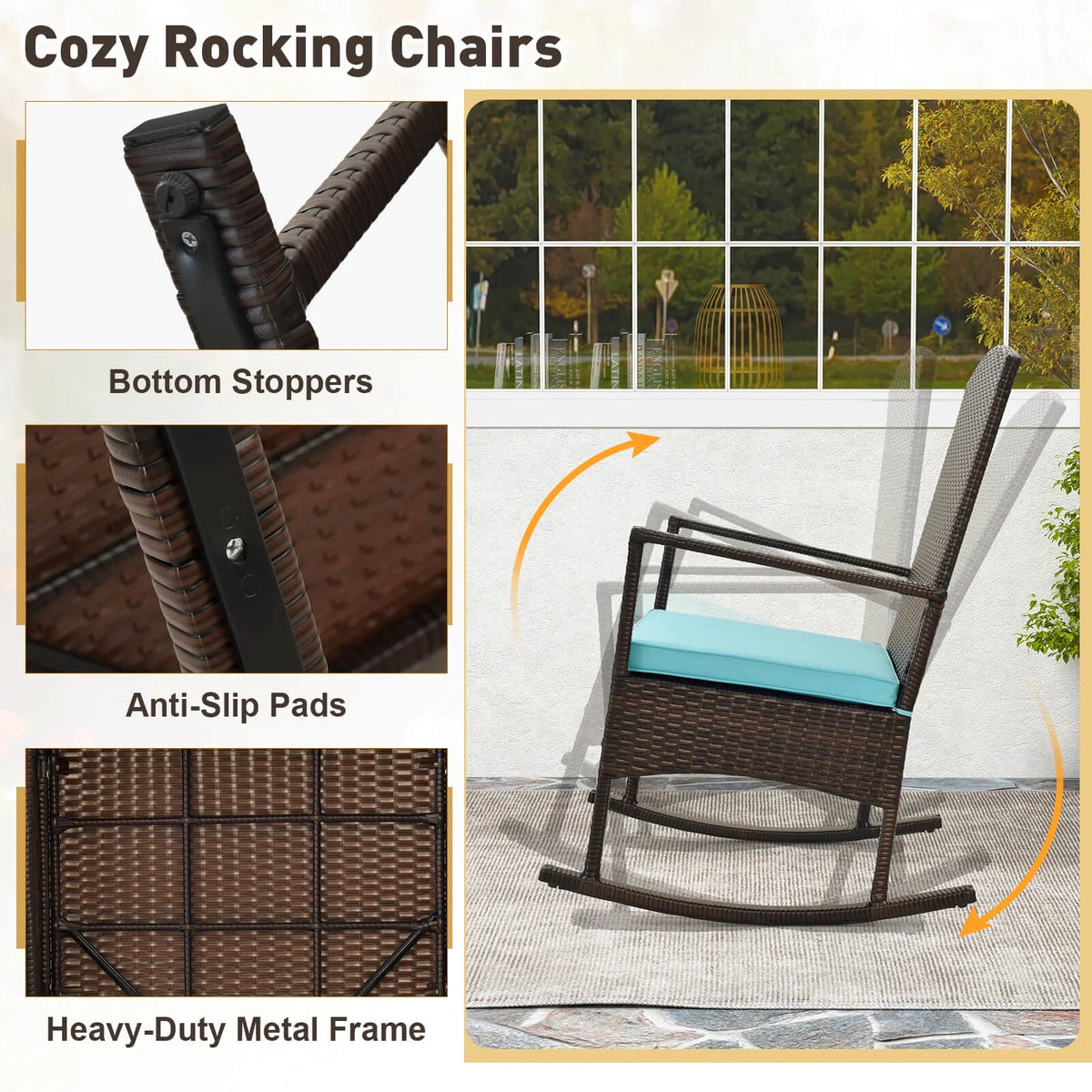Costway Serenity Ensemble de patio 3 pièces avec fauteuils à bascule en résine tressée, coussins blancs et table basse à 2 niveaux