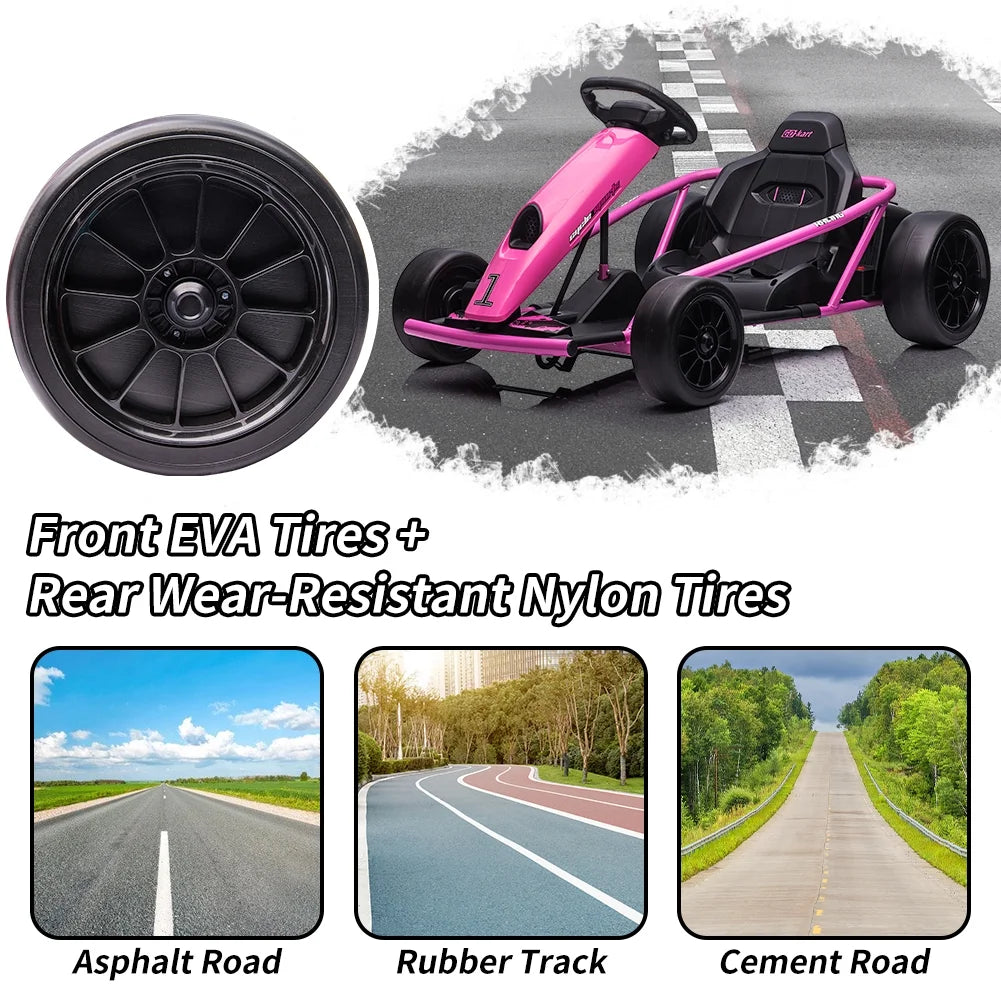 Kojooin Karting pour enfants, Batterie 24V Moteurs 300WX2 Karting à pédales à pied, Voiture de dérapage haute vitesse 8MPH avec fonction de démarrage progressif, Rouge rose