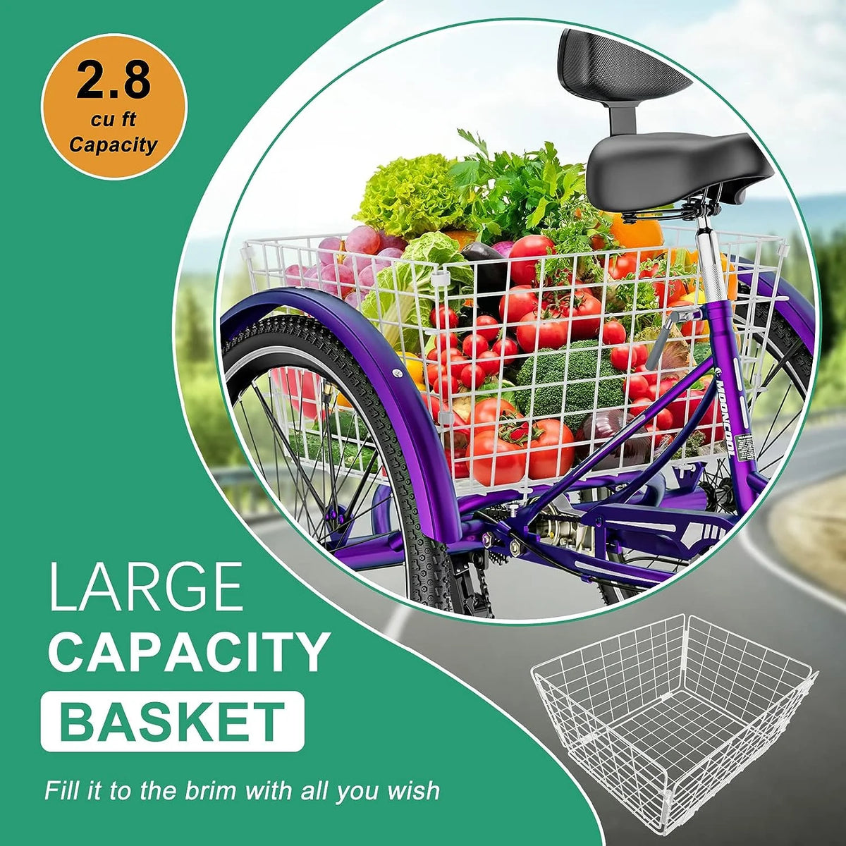 Tricycles pour adultes MOONCOOL avec panier arrière et pompe à pied, vélos à 3 roues 7 vitesses de 24 et 26 pouces, vélo à trois roues pour adultes avec dossier pour seniors, femmes et hommes